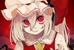 Rule 34 | black ribbon, blonde hair, blood, blood on hands, blood stain, eyes visible through hair, flandre scarlet, fua yuu, hat, mob cap, necktie, ponytail, red background, red eyes, red ribbon, red vest, ribbon, smile, stuffed toy, touhou, vest, wings