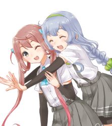 Rule 34 | 10s, 2girls, :d, ;d, ^ ^, arm warmers, artist name, asagumo (kancolle), ascot, bad id, bad pixiv id, bow, bowtie, braid, brown hair, closed eyes, green bow, green bowtie, grey eyes, grey skirt, hairband, kantai collection, long hair, multiple girls, nuno (pppompon), one eye closed, open mouth, pleated skirt, shirt, short sleeves, sidelocks, silver hair, simple background, single braid, skirt, smile, suspenders, twintails, very long hair, white background, white shirt, yamagumo (kancolle)