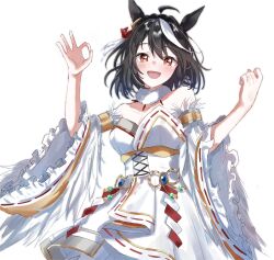 Rule 34 | 1girl, ahoge, animal ears, bare shoulders, black hair, blush, breasts, cleavage, corset, detached sleeves, dress, ha (hura76752775), hair ornament, hands up, highres, horse ears, kitasan black (jubilant star auspicious crane) (umamusume), kitasan black (umamusume), looking at viewer, multicolored hair, ok sign, open mouth, orange eyes, origami, paper crane, ribbon-trimmed sleeves, ribbon trim, short hair, small breasts, solo, strapless, strapless dress, streaked hair, umamusume, upper body, white background, wide sleeves