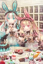 Rule 34 | 2girls, :o, :p, animal ears, aqua eyes, aqua hair, aqua nails, black dress, blonde hair, blueberry, cake, chocolate, closed mouth, commentary, dress, finger to mouth, fingernails, food, fruit, hair between eyes, hairband, heart, heart-shaped food, highres, ice cream cone, indoors, lolita fashion, lolita hairband, long hair, mint chocolate, mint chocolate chip, mousse (food), multicolored hair, multiple girls, nail polish, original, parfait, parted lips, pastry, pastry bag, pink eyes, pink hair, pink nails, plate, puffy short sleeves, puffy sleeves, rabbit ears, short sleeves, silver hair, strawberry, streaked hair, striped, tongue, tongue out, valentine, very long hair, wrist cuffs, yumeichigo alice