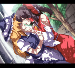 Rule 34 | 2girls, after kiss, blonde hair, blue eyes, bow, brown eyes, brown hair, detached sleeves, dutch angle, female focus, french kiss, hair bow, hakurei reimu, hat, japanese clothes, kirisame marisa, kiss, letterboxed, long hair, magukappu, miko, multiple girls, saliva, saliva trail, tongue, touhou, tree shade, witch, witch hat, yuri