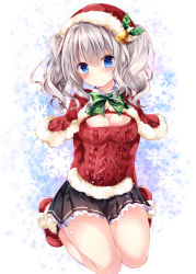 Rule 34 | 10s, 1girl, aran sweater, bell, blue eyes, blush, bow, breasts, cable knit, capelet, christmas, cleavage, cleavage cutout, clothing cutout, female focus, fur trim, hat, kantai collection, kashima (kancolle), large breasts, long hair, looking at viewer, meme attire, miniskirt, nogi takayoshi, open-chest sweater, santa hat, silver hair, skirt, smile, solo, sweater, wavy hair