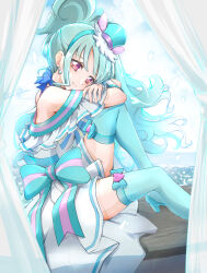 Rule 34 | 1girl, aqua hair, aqua hairband, aqua thighhighs, blue choker, blue crown, bow, brooch, choker, clear glass (mildmild1311), crown, crown earrings, cure lillian, dress, dress bow, earrings, hairband, hat, heart, heart brooch, highres, jewelry, long hair, looking at viewer, magical girl, mini crown, mini hat, multicolored bow, nekoyashiki mayu, pointed crown, precure, shiny cat&#039;s pact, side ponytail, sitting, smile, solo, thighhighs, white arm warmers, white dress, wonderful precure!