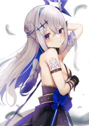 Rule 34 | 1girl, absurdres, amane kanata, amane kanata (another world), angel wings, animal collar, arm behind head, arm belt, arm strap, arm tattoo, arm under breasts, arm up, bandaged arm, bandages, belt, black belt, black bra, black collar, black gloves, blue flower, blue hair, blue rose, blue skirt, blue wings, blush, bra, breasts, buket pudding i, collar, colored inner hair, commentary request, dress flower, fallen angel, falling feathers, feathered wings, feathers, flower, from side, gloves, gradient wings, grey feathers, grey hair, grey wings, hair bun, hair ornament, half updo, halo, high-waist skirt, highres, hololive, lace, lace-trimmed bra, lace trim, long hair, looking at viewer, looking to the side, loose bandages, mini wings, multicolored hair, multicolored wings, official alternate costume, official alternate hairstyle, parted lips, purple eyes, rose, see-through overskirt, sideboob, single hair intake, skirt, small breasts, solo, star (symbol), star hair ornament, star halo, strapless, strapless bra, tattoo, two-tone hair, underwear, virtual youtuber, white background, wings, wrist belt, wrist straps