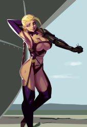 Rule 34 | 1girl, abs, ahoge, arm behind head, armor, armpits, asymmetrical gloves, black thighhighs, blonde hair, boots, braid, breasts, cammy white, capcom, choker, cleavage, clothing cutout, collarbone, cosplay, curvy, eyeshadow, fusion, garter straps, gauntlets, gloves, han juri, huge ahoge, huge breasts, isabella valentine, isabella valentine (cosplay), leotard, makeup, midriff, mismatched gloves, morganagod, namco, naughty face, navel, navel cutout, orange eyes, pole, revealing clothes, solo, soul calibur, soulcalibur, soulcalibur iv, street fighter, street fighter ii (series), street fighter iv (series), teeth, thigh boots, thighhighs, tongue, twin braids