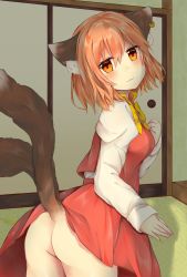 Rule 34 | 1girl, :3, animal ear fluff, animal ears, ass, bad id, bad twitter id, blush, bottomless, bow, bowtie, breasts, brown eyes, brown hair, cat ears, cat tail, chaki (kinaneko2149), chen, dress, earrings, from behind, gold trim, highres, indoors, jewelry, juliet sleeves, long sleeves, medium breasts, multiple tails, nekomata, no headwear, puffy sleeves, red dress, short hair, single earring, solo, tail, touhou, twisted torso, two tails, upskirt, yellow bow, yellow bowtie