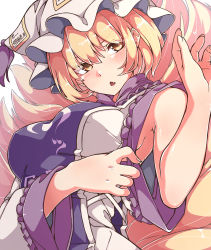 Rule 34 | 1girl, absurdres, armpit peek, bad id, bad twitter id, blonde hair, blush, breasts, fang, fox tail, gokuu (acoloredpencil), hair between eyes, hat, highres, kitsune, large breasts, long sleeves, mob cap, multiple tails, open mouth, short hair, slit pupils, solo, tabard, tail, touhou, triangle mouth, v-shaped eyebrows, wide sleeves, yakumo ran, yellow eyes