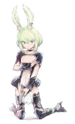 Rule 34 | 1boy, animal ears, blonde hair, blush, breasts, cleavage, cosplay, final fantasy, final fantasy xiv, highres, lio fotia, looking at viewer, male focus, misaaaachaan (artist), promare, rabbit ears, see-through, short hair, signature, solo, trap, vambraces, viera, viera (cosplay), white background