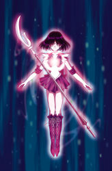 Rule 34 | 1990s (style), 1girl, bishoujo senshi sailor moon, black hair, bob cut, boots, bow, choker, cross-laced footwear, earrings, elbow gloves, closed eyes, glaive (polearm), gloves, glowing, hino ryutaro, jewelry, knee boots, lace-up boots, leotard, magical girl, miniskirt, pleated skirt, polearm, purple footwear, sailor collar, sailor saturn, shoes, short hair, skirt, solo, tiara, tomoe hotaru, weapon, white gloves