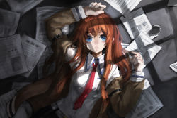 Rule 34 | 1girl, arm up, bad id, bad pixiv id, blue eyes, brown hair, face, jacket, long hair, looking at viewer, lying, makise kurisu, necktie, on back, paper, red necktie, shade, silverwing, solo, steins;gate, window shadow