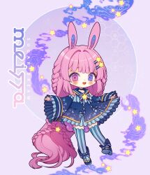 Rule 34 | 1girl, absurdly long hair, animal ears, bare shoulders, blue bow, blue bowtie, blue choker, blue dress, blue eyes, blue footwear, blue sailor collar, blue sleeves, blue thighhighs, blunt bangs, blush stickers, boots, bow, bowtie, braid, brooch, buttons, character name, chibi, choker, circle, collared dress, commentary, detached sleeves, dress, dress bow, english commentary, english text, eyelashes, foot up, footwear bow, frilled dress, frilled footwear, frilled sleeves, frills, gold trim, hair ornament, hairclip, hen-tie, heterochromia, highres, jewelry, long hair, long sleeves, meissa (hen-tie), open mouth, original, pink eyes, pink hair, purple background, rabbit ears, sailor collar, short dress, side braids, sleeveless, sleeveless dress, smile, smoke, solo, star (symbol), star brooch, star hair ornament, star in eye, striped bow, striped bowtie, striped clothes, striped thighhighs, symbol in eye, thighhighs, vertical-striped clothes, vertical-striped thighhighs, very long hair, wide sleeves