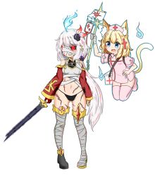 Rule 34 | 2girls, animal ear fluff, animal ears, arm up, bailingxiao jiu, bandages, bandage over one eye, bandaged hand, bandaged leg, bandages, bare shoulders, black footwear, black panties, blonde hair, blood, blood bag, bloody bandages, blush, boots, cat ears, cat girl, cat tail, clenched teeth, commentary request, crop top, detached sleeves, dress, fang, fingernails, first aid kit, gloves, groin, hair ornament, hat, highres, long sleeves, multicolored hair, multiple girls, nail polish, nurse, nurse cap, open mouth, original, panties, pink dress, pink footwear, pink headwear, pink legwear, red eyes, red gloves, red hair, red nails, red sleeves, scar, sharp teeth, shirt, short sleeves, side-tie panties, silver hair, simple background, single glove, skull hair ornament, sleeveless, sleeveless shirt, sleeves past wrists, standing, streaked hair, sweat, tail, tail raised, teeth, thigh boots, thighhighs, underwear, white background, white shirt