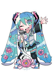 Rule 34 | 1girl, aqua eyes, aqua necktie, black footwear, black headphones, black skirt, black sleeves, blue bow, blue hair, blush stickers, boots, bow, collared shirt, commentary request, deformed, detached sleeves, eyelashes, flower, full body, grey shirt, hair between eyes, hair bow, hair flower, hair ornament, hair ribbon, hatsune miku, headpiece, holding, holding microphone stand, lace, lace-trimmed shirt, lace trim, long hair, long sleeves, microphone stand, miniskirt, necktie, one eye closed, open mouth, outstretched arm, pink flower, pleated skirt, pocket, project sekai, ribbon, shirt, simple background, skirt, sleeveless, sleeveless shirt, smile, solo, sparkle, straight hair, teeth, terada tera, thigh boots, thighhighs, twintails, upper teeth only, very long hair, vocaloid, white background, white bow, white flower, white ribbon, wide sleeves, zettai ryouiki