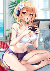 Rule 34 | 1girl, bag of chips, bare legs, bare shoulders, barefoot, blonde hair, blurry, blurry background, breasts, camisole, cleavage, commentary, controller, crop top, electric fan, flower, food, fruit, game controller, genshin impact, hair between eyes, hair flower, hair ornament, hands up, headset, highres, holding, holding controller, indian style, indoors, large breasts, looking at viewer, lumine (genshin impact), micro shorts, midriff, navel, open mouth, plate, purple shorts, short hair, shorts, sidelocks, sitting, solo, squchan, stomach, strap slip, thighs, watermelon, watermelon slice, white flower, yellow eyes