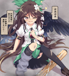 Rule 34 | 1girl, arm cannon, asymmetrical footwear, asymmetrical legwear, bad id, bad pixiv id, bird wings, black socks, black wings, blush, bow, brown hair, bruise, buttons, cape, chitose hachi, collared shirt, commentary request, crossed bandaids, frilled shirt collar, frilled skirt, frills, full body, green bow, green skirt, hair bow, highres, injury, kneehighs, long hair, looking at viewer, mismatched footwear, mismatched legwear, one eye closed, open mouth, puffy short sleeves, puffy sleeves, red eyes, reiuji utsuho, scratches, shirt, shoes, short sleeves, single shoe, sitting, skirt, socks, solo, starry sky print, tearing up, thighhighs, third eye, torn clothes, torn legwear, torn shirt, torn skirt, touhou, sunken fossil world, translation request, weapon, white cape, white shirt, wings