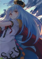 Rule 34 | 1girl, absurdres, blue hair, blue skirt, blue sky, blush, cape, cloud, cloudy sky, crown, epaulettes, glint, glowing, highres, hinanawi tenshi, igayan, long hair, looking at viewer, puffy short sleeves, puffy sleeves, red eyes, scan, scan artifacts, scan dust, short sleeves, skirt, sky, solo, sword of hisou, touhou, twilight