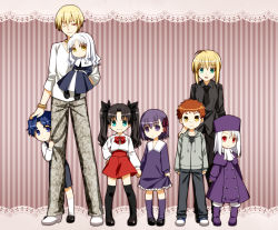 Rule 34 | 3boys, 5girls, aged down, ahoge, artoria pendragon (all), artoria pendragon (fate), bandaid, blue eyes, blue hair, boots, brother and sister, caren hortensia, carrying, casual, child, dress, emiya shirou, fate/hollow ataraxia, fate/stay night, fate/zero, fate (series), formal, gilgamesh (fate), green eyes, hair ribbon, hand on head, hat, holding hands, hood, hoodie, illyasviel von einzbern, jewelry, long hair, mary janes, matou sakura, matou shinji, mayo-black, multiple boys, multiple girls, necktie, official alternate costume, one eye closed, orange hair, pant suit, pants, plaster, ponytail, purple eyes, purple footwear, purple hair, purple hat, red eyes, ribbon, saber (fate), shoes, short hair, shorts, siblings, sisters, smile, socks, suit, thighhighs, tohsaka rin, twintails, wavy hair, white hair, wink, winter clothes, yellow eyes