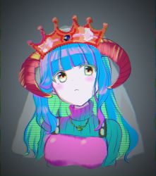 Rule 34 | 1girl, :&lt;, aqua hair, aqua sweater, armor, arms at sides, blunt bangs, blush, breastplate, censored, chromatic aberration, colored eyelashes, colored inner hair, colored skin, cropped torso, crown, dot nose, fujishiro emyu, futaba sana, glitch, gradient sweater, grey background, hair down, highres, horns, jewelry, looking at viewer, magia record: mahou shoujo madoka magica gaiden, mahou shoujo madoka magica, mosaic censoring, multicolored hair, necklace, official alternate costume, orange horns, pink armor, pink sweater, pointless censoring, portrait, ribbed sweater, sheep horns, sidelocks, solo, sweater, turtleneck, turtleneck sweater, uwasa no sana, veil, vignetting, wavy hair, white skin, yellow eyes