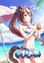 Rule 34 | 1girl, bare arms, bare shoulders, bikini, bikini skirt, blue eyes, blue sky, blush, boat, brown hair, cloud, commentary request, cowboy shot, criss-cross halter, cup, day, disposable cup, drinking straw, halterneck, highres, holding, holding cup, long hair, looking at viewer, othello katze, outdoors, ponytail, sky, solo, standing, swimsuit, tail, thighs, tokai teio (umamusume), umamusume, umbrella, very long hair, watercraft, white bikini
