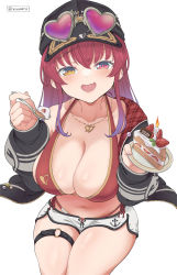 Rule 34 | 1girl, baseball cap, bikini, bikini under clothes, black jacket, blush, breasts, cake, candle, cleavage, collarbone, dolphin shorts, eyewear on head, fang, food, fruit, hair between eyes, halterneck, hat, heart, heart-shaped eyewear, heart-shaped pupils, heart necklace, heterochromia, highres, holding, holding plate, holding spoon, hololive, hood, hooded jacket, houshou marine, houshou marine (summer), jacket, jewelry, large breasts, lips, long hair, long sleeves, looking at viewer, navel, necklace, o-ring, o-ring thigh strap, off shoulder, open mouth, plate, red bikini, red eyes, red hair, shorts, side-tie bikini bottom, simple background, smile, solo, spoon, strawberry, sunglasses, sunglasses on head, swimsuit, symbol-shaped pupils, thigh strap, twintails, twitter username, vinhnyu, virtual youtuber, white background, white shorts, yellow eyes