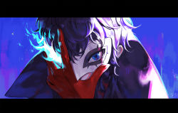 Rule 34 | 1boy, amamiya ren, black hair, blue eyes, blue fire, fire, gloves, glowing, glowing eyes, hand on own face, letterboxed, male focus, mask, persona, persona 5, portrait, red gloves, sem (honey sv), solo, upper body