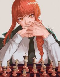 Rule 34 | 1girl, artist name, black coat, black necktie, board game, braid, braided ponytail, chainsaw man, chess, chess piece, chessboard, coat, coat on shoulders, collared shirt, grey background, hair over shoulder, highres, long hair, looking at viewer, makima (chainsaw man), necktie, red hair, ringed eyes, shirt, sidelocks, simple background, solo, taestymaee, twitter username, white shirt, yellow eyes