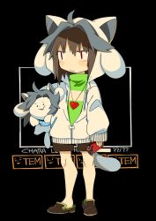 Rule 34 | 1girl, androgynous, blush stickers, brown hair, candy, chara (undertale), chocolate, chocolate bar, fang, food, green sweater, heart, heart necklace, hood, hooded, hoodie, jewelry, kaida michi, long hair, necklace, red eyes, shoes, shorts, striped, sweater, tail, temmie, turtleneck, undertale