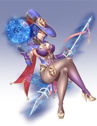 Rule 34 | 1girl, abs, alternate costume, black bow, black pantyhose, blue eyes, blue hair, bow, breasts, capelet, choker, circle, cleavage, cleru (cleruuuuu), cosplay, crossed legs, elbow gloves, energy, fingerless gloves, fire emblem, fire emblem: new mystery of the emblem, genshin impact, gloves, gradient background, hat, high heels, highres, holding, holding polearm, holding spear, holding weapon, kris (female) (fire emblem), kris (fire emblem), large breasts, lion, looking at viewer, medium breasts, mona (genshin impact), mona (genshin impact) (cosplay), nintendo, pantyhose, polearm, ponytail, sidelocks, simple background, sitting, solo, sparkle, spear, thigh strap, underbust, weapon, witch hat
