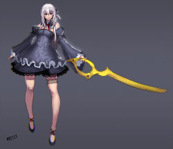 Rule 34 | 1girl, bad id, bad pixiv id, bare legs, breasts, bridal garter, detached sleeves, dress, female focus, grey background, hair ribbon, highres, jjune, long hair, looking at viewer, original, red eyes, ribbon, solo, strapless, strapless dress, weapon, white hair, wide sleeves