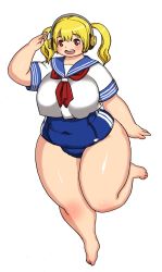 Rule 34 | 1girl, blonde hair, breasts, female focus, headphones, highres, jewelry, kjmvideo, large breasts, necklace, nitroplus, plump, red eyes, solo, star (symbol), super pochaco, thick thighs, thighs, twintails, wide hips
