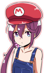 Rule 34 | 1girl, akebono (kancolle), bare shoulders, collarbone, cosplay, expressionless, flower, hair flower, hair ornament, hat, highres, kantai collection, kasoku souchi, long hair, looking at viewer, mario, mario (cosplay), mario (series), naked overalls, nintendo, outline, overalls, purple eyes, purple hair, side ponytail, simple background, solo, white background