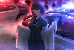 Rule 34 | 1girl, bead necklace, beads, black dress, bob cut, breasts, car, cloak, collared dress, commentary, dress, english commentary, fubuki (one-punch man), fur cloak, highres, impossible clothes, jewelry, large breasts, motor vehicle, necklace, one-punch man, police car, rappa, solo, solo focus, upper body