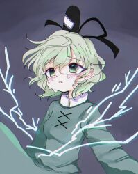 Rule 34 | 1girl, black hat, cross-laced clothes, crying, crying with eyes open, dress, electricity, green dress, green eyes, green hair, grey background, hair between eyes, hat, highres, long sleeves, one-hour drawing challenge, open mouth, renakobonb, short hair, soga no tojiko, solo, tate eboshi, tears, touhou, twitter username, upper body