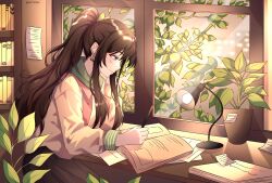 Rule 34 | 0yuri ne, 1girl, brown eyes, brown hair, desk lamp, earrings, highres, holding, holding pencil, jewelry, lamp, library, long sleeves, original, pencil, plant, potted plant, studying