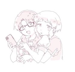 Rule 34 | 2girls, bow, bowtie, cellphone, ceppo3t7, commentary, glasses, greyscale, hands up, holding, holding phone, hug, hug from behind, idolmaster, idolmaster million live!, light blush, long hair, makabe mizuki, monochrome, multiple girls, open mouth, parted lips, phone, puffy short sleeves, puffy sleeves, semi-rimless eyewear, shirt, short hair, short sleeves, sidelocks, smartphone, smile, takayama sayoko, upper body, wavy hair, white background
