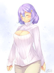 Rule 34 | 1girl, 2014, absurdres, blush, breasts, cleavage, dated, closed eyes, hair ornament, hairclip, highres, kokka han, large breasts, letty whiterock, meme attire, open-chest sweater, pants, purple hair, ribbed sweater, short hair, smile, solo, sweater, touhou, turtleneck