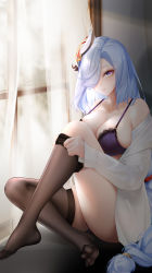 Rule 34 | 1girl, adjusting clothes, adjusting legwear, bare shoulders, blue eyes, blue hair, bra, breasts, brown thighhighs, cleavage, closed mouth, curtains, feet, full body, genshin impact, hair ornament, hair over one eye, highres, indoors, knee up, lace, lace-trimmed bra, lace trim, large breasts, liu liaoliao, long hair, looking at viewer, no shoes, off shoulder, purple bra, purple eyes, shenhe (genshin impact), shirt, signature, sitting, solo, thighhighs, toes, twitter username, underwear, very long hair, white shirt