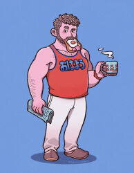 Rule 34 | 1boy, arm hair, bara, beard, blue background, blush, body hair, bread slice, chest hair, cup, facial hair, food, food in mouth, holding, holding cup, holding newspaper, male focus, mature male, mouth hold, mug, newspaper, original, pants, raised eyebrow, red tank top, red wristband, sandals, solo, tank top, thick eyebrows, toast, toast in mouth, translated, tsukinowadou, watch, white pants, wristwatch