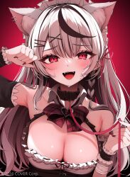 Rule 34 | 1girl, :d, alternate costume, animal ears, bare shoulders, black hair, blush, bow, bowtie, braid, breasts, cat ears, center-flap bangs, cleavage, commentary request, detached sleeves, double-parted bangs, embarrassed, enmaided, frills, grey hair, hair ornament, hairclip, highres, hololive, large breasts, looking at viewer, maid, maid headdress, applying manicure, multicolored hair, nail polish, namagome negi, nervous smile, official alternate hair length, official alternate hairstyle, official art, open mouth, paw pose, plaid, plaid bow, plaid bowtie, red background, red bow, red bowtie, red eyes, red nails, sakamata chloe, side braid, single detached sleeve, smile, solo, streaked hair, vi hair ornament, virtual youtuber, wrist cuffs, x hair ornament