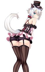 Rule 34 | 1girl, animal ears, ass, back, bare shoulders, bike shorts, black hat, black thighhighs, blue eyes, cat ears, cat tail, cowboy shot, eyes visible through hair, falcom, frills, from behind, garter straps, hair over one eye, hat, highres, looking at viewer, looking back, minazuki (jo), miniskirt, pink skirt, short hair, short shorts, shorts, shorts under skirt, simple background, skirt, solo, striped clothes, striped thighhighs, tail, thighhighs, thighs, top hat, white background, white cat (ys), white hair, ys, ys ix monstrum nox