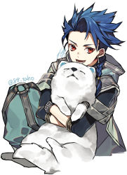 Rule 34 | 1boy, 88 taho, blue hair, braid, cu chulainn (fate), dog, earrings, closed eyes, fate/grand order, fate/grand order arcade, fate (series), holding, hood, hood down, jewelry, male focus, open mouth, puppy, red eyes, setanta (fate), signature, simple background, single braid, single earring, sitting, spiked hair, twitter username, white background