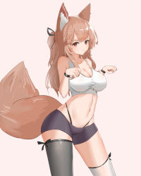 Rule 34 | 1girl, :3, absurdres, alternate costume, animal ear fluff, animal ears, arknights, asymmetrical legwear, bad id, bad pixiv id, bare shoulders, black ribbon, black shorts, black thighhighs, blush, breasts, brown hair, cleavage, closed mouth, contrapposto, crop top, fox ears, fox girl, fox tail, franka (arknights), hair ribbon, highres, lahz52, large breasts, long hair, looking at viewer, mismatched legwear, navel, one side up, orange eyes, paw pose, pink background, ribbon, short shorts, shorts, simple background, sleeveless, smile, solo, stomach, tail, thighhighs, thong, white thighhighs, wristband