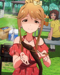 Rule 34 | 10s, 2girls, amami haruka, brown eyes, brown hair, cooking, food, grill, grilling, idolmaster, idolmaster (classic), idolmaster million live!, jewelry, long hair, multiple girls, necklace, official art, ponytail, shaded face, smile, tenkuubashi tomoka