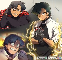 Rule 34 | 1boy, adjusting clothes, adjusting gloves, aged up, anger vein, artist name, ash ketchum, black hair, black shirt, brown eyes, clenched teeth, closed mouth, coat, commentary, creatures (company), damany7, dark persona, electricity, fire, game freak, gloves, grey gloves, grin, highres, holding, holding poke ball, holster, male focus, nintendo, poke ball, poke ball (basic), pokemon, pokemon (anime), pokemon xy (anime), shaded face, shirt, short hair, smile, sweat, teeth, trembling, white coat