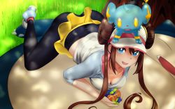 Rule 34 | 1girl, black pantyhose, blue eyes, blue footwear, blush, braco, breasts, brown hair, cleavage, commentary request, creatures (company), day, double bun, game freak, gen 1 pokemon, gen 4 pokemon, hair bun, hat, highres, large breasts, long hair, looking at viewer, lying, nintendo, on head, on stomach, open mouth, outdoors, pantyhose, pokemon, pokemon (creature), pokemon bw2, pokemon on head, rosa (pokemon), shinx, shirt, shoes, short sleeves, smile, sneakers, snorlax, t-shirt, visor cap