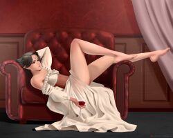 Rule 34 | absurdres, alcohol, arteslav, brown hair, chair, corset, dress, elezen, elf, final fantasy, final fantasy xiv, forehead tattoo, highres, legs, lounge chair, no shoes, pointy ears, warrior of light (ff14), white dress