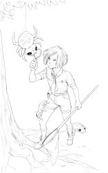 Rule 34 | 1boy, belt buckle, belt pouch, buckle, bugsy (pokemon), butterfly net, closed mouth, collared shirt, commentary, creatures (company), game freak, gen 2 pokemon, greyscale, hand net, highres, holding, holding butterfly net, holding magnifying glass, inktober, kazuko (towa), knees, looking up, magnifying glass, male focus, monochrome, neckerchief, nintendo, one eye closed, outdoors, pokemon, pokemon (creature), pokemon hgss, pokemon on leg, pouch, shirt, shoes, short hair, short sleeves, shorts, socks, spinarak, standing, tree