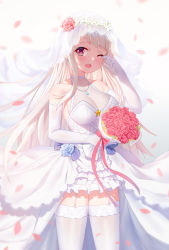 Rule 34 | 1girl, ;d, absurdres, bare shoulders, blue flower, blue rose, blush, bouquet, bow, breasts, bridal veil, cang se ye hua, changchun (warship girls r), cleavage, collarbone, commentary request, cowboy shot, dress, earrings, elbow gloves, flower, frilled dress, frills, garter straps, gloves, hand up, happy tears, heart, heart-shaped pupils, highres, holding, holding bouquet, jewelry, layered dress, long hair, looking at viewer, medium breasts, necklace, one eye closed, open mouth, petals, purple eyes, red bow, red flower, red rose, rose, rose petals, see-through, silver hair, smile, solo, star (symbol), straight hair, symbol-shaped pupils, tears, thighhighs, veil, very long hair, warship girls r, wedding dress, white gloves, white thighhighs, wiping tears, zettai ryouiki