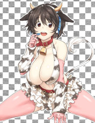 Rule 34 | 10s, 1girl, :d, animal ears, animal print, arm warmers, bare shoulders, bell, belt, black hair, breasts, brown eyes, checkered background, cleavage, collar, cow ears, cow horns, cow print, cow tail, cowbell, elbow gloves, gloves, headset, hiroya juuren, horns, huge breasts, idolmaster, idolmaster cinderella girls, kemonomimi mode, neck bell, oikawa shizuku, open mouth, pink gloves, pink thighhighs, short hair, smile, solo, spread legs, tail, thighhighs