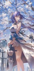Rule 34 | 1girl, absurdres, arm support, bare shoulders, blue bow, blue sky, bow, breasts, cherry blossoms, cleavage, cone hair bun, detached collar, dress, feet out of frame, flower, genshin impact, hair between eyes, hair bun, hair ears, highres, holding, holding umbrella, keqing (genshin impact), large breasts, long hair, looking to the side, outdoors, purple eyes, purple hair, road sign, sign, sky, swkl:d, thigh strap, thighs, tree, twintails, umbrella, utility pole, white dress
